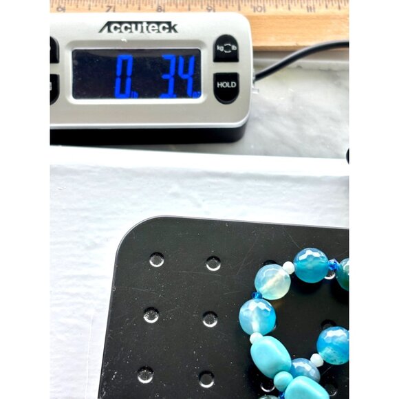 Turquoise Blue Agate Beaded Necklace With Rhinestone Flower Pendant & Decorative - Picture 7 of 7